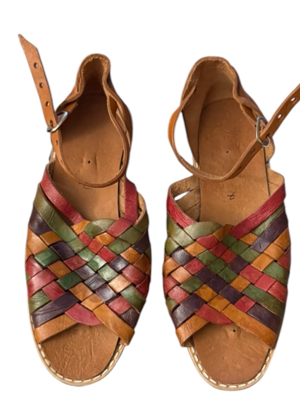 Multicolor Woven Huarache Sandals - Tan Leather with buckle NEW